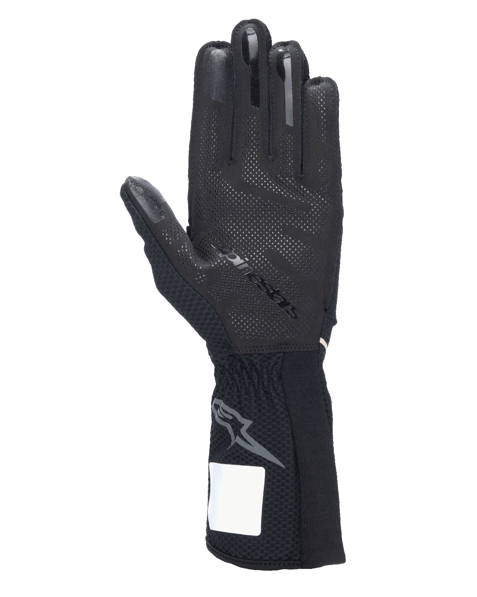 Alpinestars Tech-1 KX V4-handskar, kartinghandskar, svarta, vy av handflatan med 3D-silikongreppsmönster, externa sömmar och ribbad mudd med grå Astars-logotyp, professionell racingutrustning för motorsport