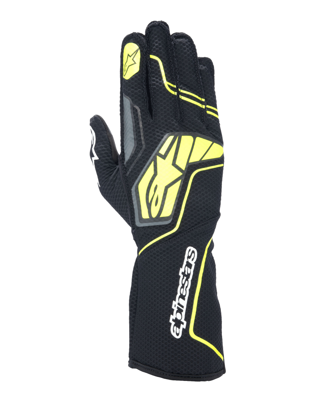 Alpinestars Tech-1 KX V4 handskar, karting-racinghandskar, Tar Gray, svart och neongul, vy av handryggen med ventilerande meshkonstruktion, stor gul Alpinestars-logotyp, vit textlogotyp på handleden, gul stjärna på pekfingret, modern sportig design
