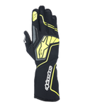 Alpinestars Tech-1 KX V4 handskar, karting-racinghandskar, Tar Gray, svart och neongul, vy av handryggen med ventilerande meshkonstruktion, stor gul Alpinestars-logotyp, vit textlogotyp på handleden, gul stjärna på pekfingret, modern sportig design