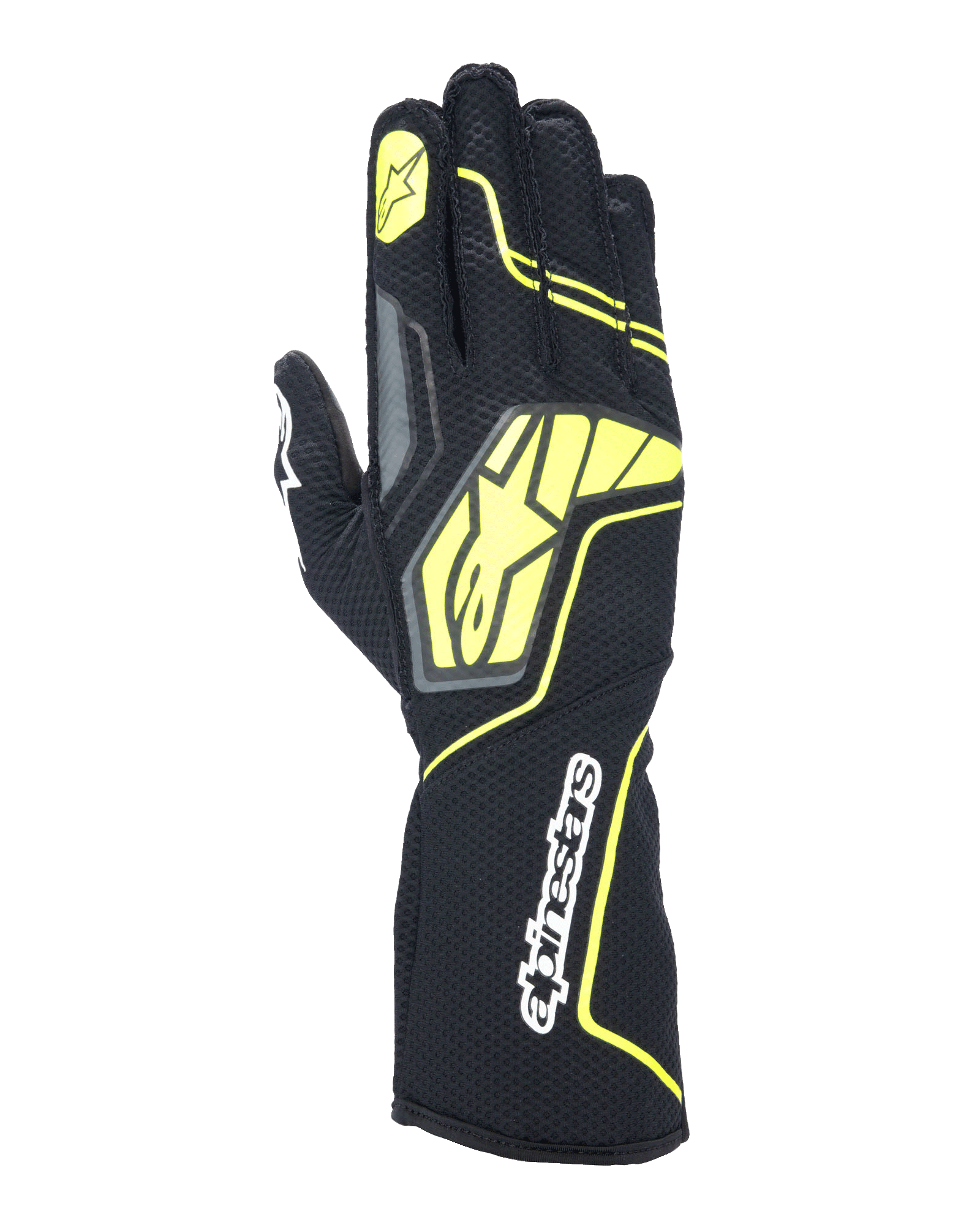 Alpinestars Tech-1 KX V4 handskar, karting-racinghandskar, Tar Gray, svart och neongul, vy av handryggen med ventilerande meshkonstruktion, stor gul Alpinestars-logotyp, vit textlogotyp på handleden, gul stjärna på pekfingret, modern sportig design