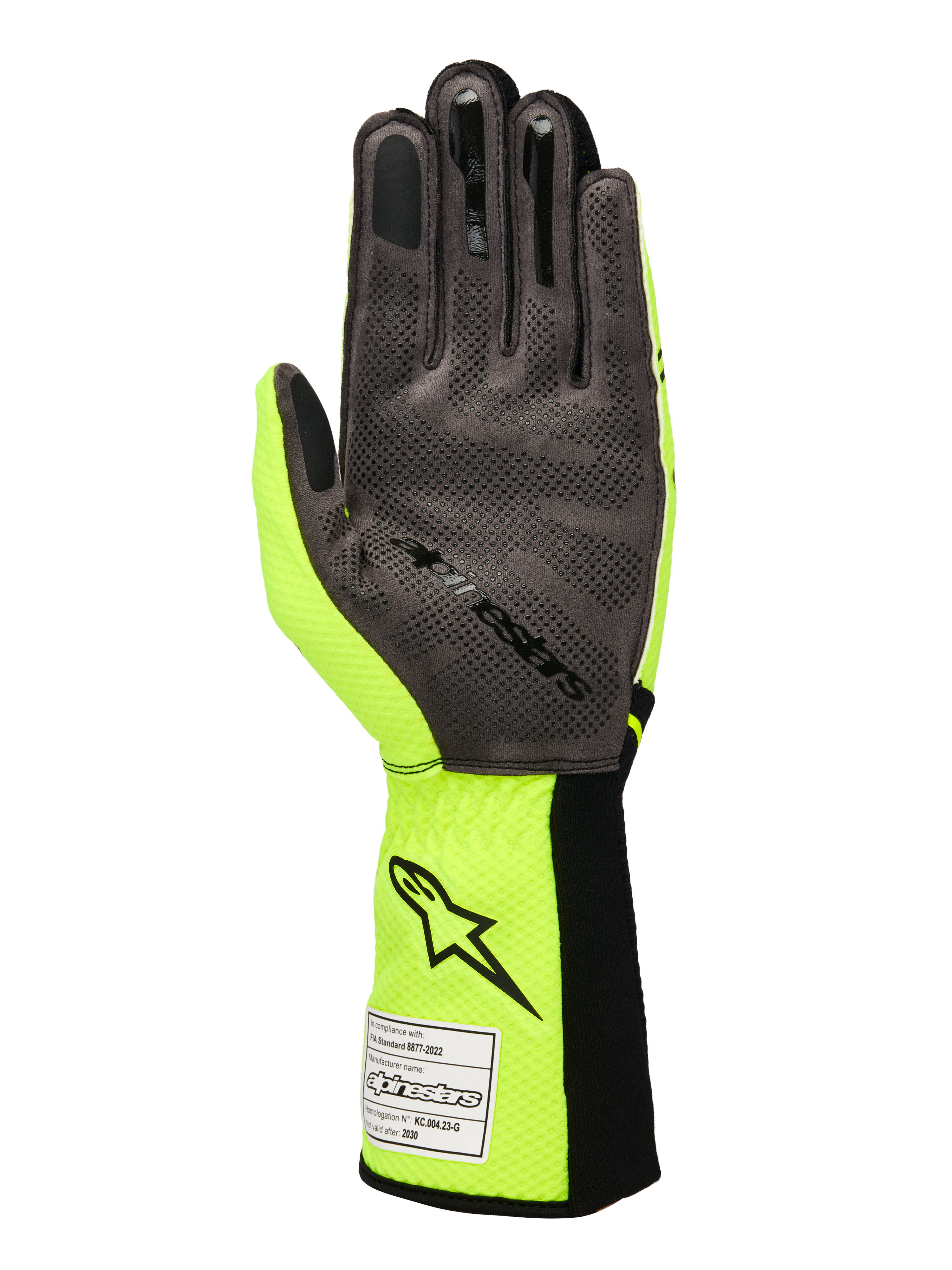 Alpinestars Tech-1 KX V4 Gloves, Karting Gloves, Yellow Fluo and Black, palm view featuring grey synthetic suede with 3D silicone grip pattern, FIA homologation tag on the ribbed cuff, performance racing design