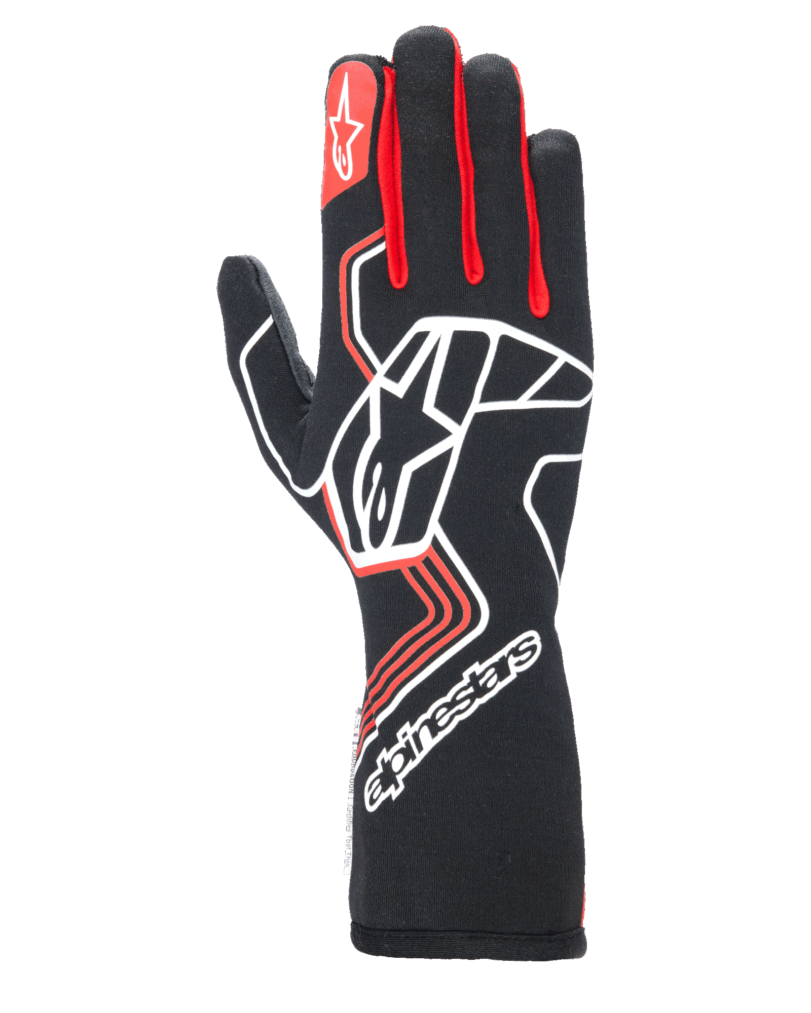 Alpinestars Tech-1 Race V4 Gloves, Auto Racing Gloves, Black with Red and White accents, featuring a large white star logo on the backhand, red finger gussets, white branding on the extended gauntlet cuff, and geometric design patterns.