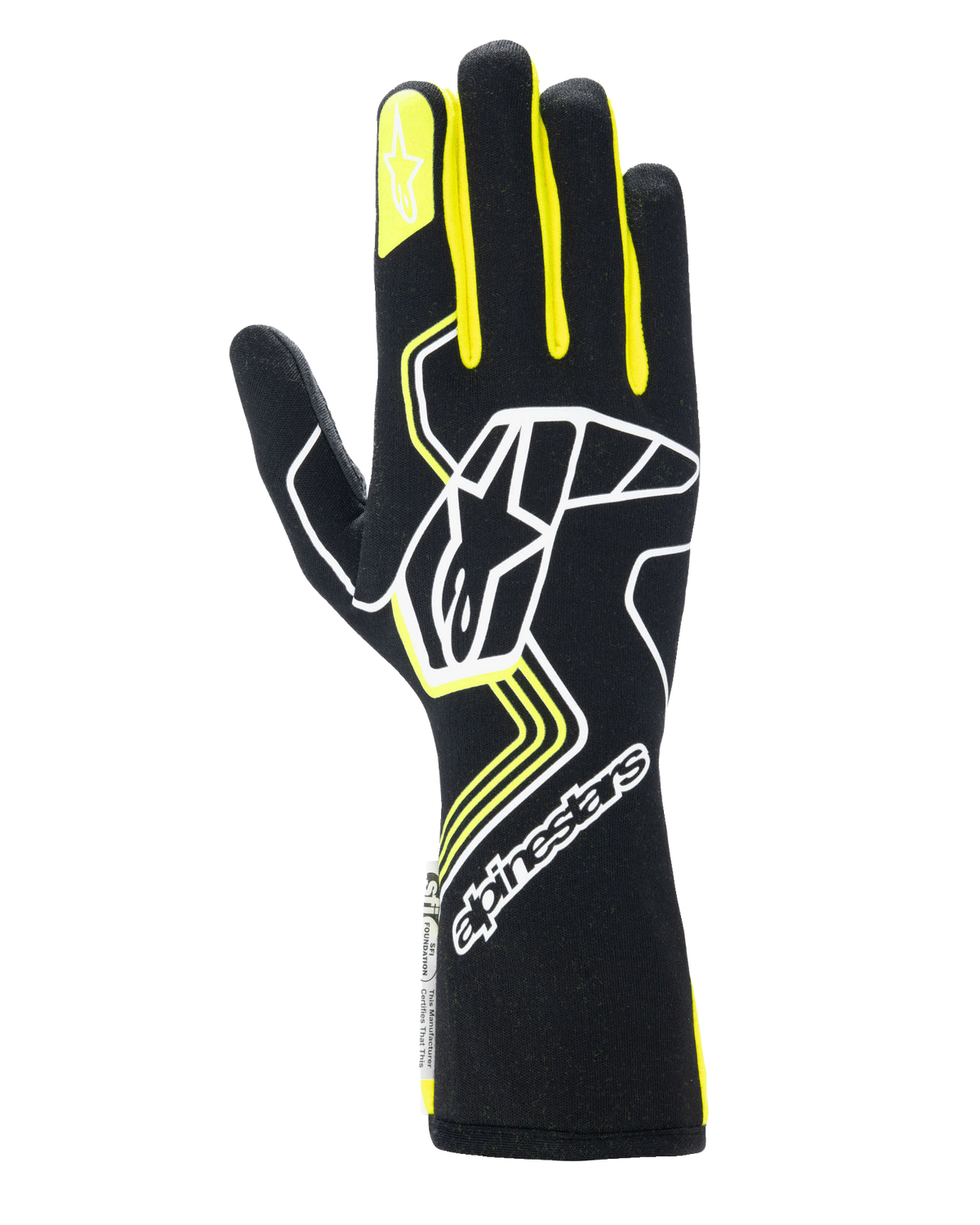 Alpinestars Tech-1 Race V4 handskar, racinghandskar för bilsport, svarta med neongula och vita detaljer, en stor stjärnlogotyp på ovansidan och en mindre stjärna på pekfingret, stilren design med geometriska mönster och förlängd mudd