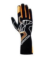 Alpinestars Tech-1 Race V4 Gloves, Auto Racing Gloves, Black and Orange Fluo, featuring a large white Astar logo on the back of the hand, orange finger accents, and a high-cuff gauntlet design for professional motorsports protection