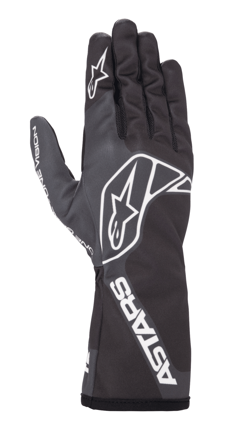 Alpinestars Tech-1 K Race V2 One Vision Gloves, Karting Racing Gloves, Black and Tar Gray, featuring white star logo on the back and finger, ASTARS branding on the cuff, sleek design with long gauntlet cuff