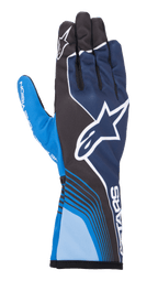 Alpinestars Tech-1 K Race V2 Future Gloves, Karting Racing Gloves, Navy Blue and Light Blue with Black accents, featuring a large white star logo, dynamic curved lines, mesh finger sections, and a sporty motorsport design with white branding