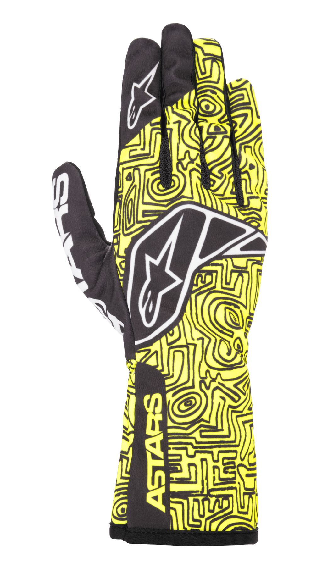 Alpinestars Tech-1 K Race V2 Vertical Gloves, Karting Racing Gloves, Yellow Fluo and Black, featuring a white star logo, intricate abstract line pattern, and ASTARS branding on the cuff, lightweight design for motorsport performance