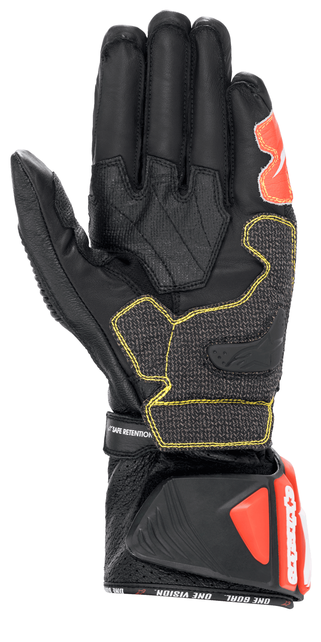 Alpinestars GP Tech V2-handskar, Svart Vit och Röd Fluo, vy av handflatan som visar svart läderkonstruktion med gula kontrastsömmar, skyddande DFS-manschett med röda detaljer, professionell racingutrustning för motorcykel