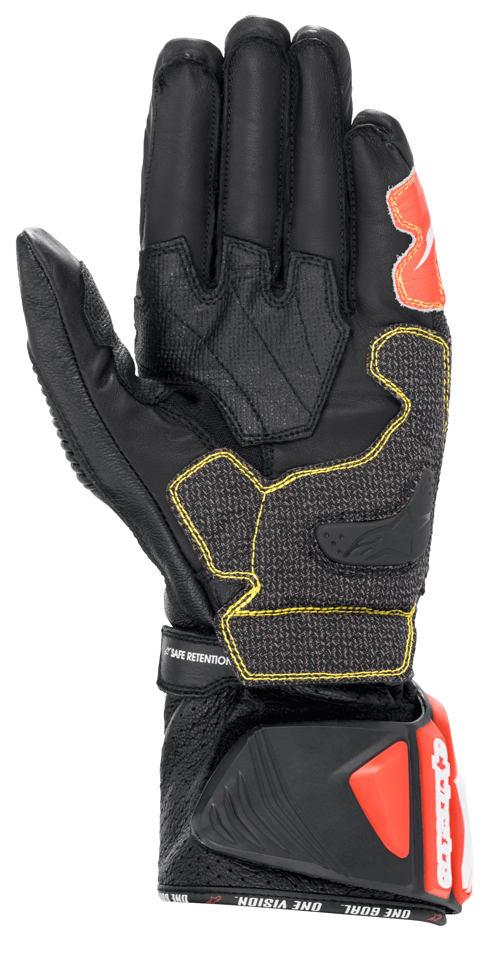 Alpinestars GP Tech V2-handskar, Svart Vit och Röd Fluo, vy av handflatan som visar svart läderkonstruktion med gula kontrastsömmar, skyddande DFS-manschett med röda detaljer, professionell racingutrustning för motorcykel