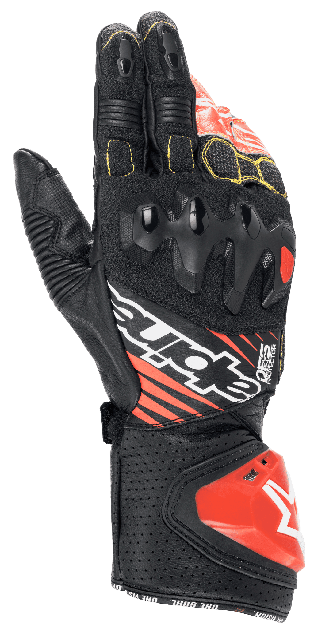 Alpinestars GP Tech V2-handskar, motorcykelracinghandskar, svart, vit och röd fluo, med knogskydd med dubbel densitet, perforerat läder med gula sömmar, röd DFS-manschettglidare, professionell racingdesign