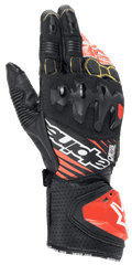 Alpinestars GP Tech V2-handskar, motorcykelracinghandskar, svart, vit och röd fluo, med knogskydd med dubbel densitet, perforerat läder med gula sömmar, röd DFS-manschettglidare, professionell racingdesign