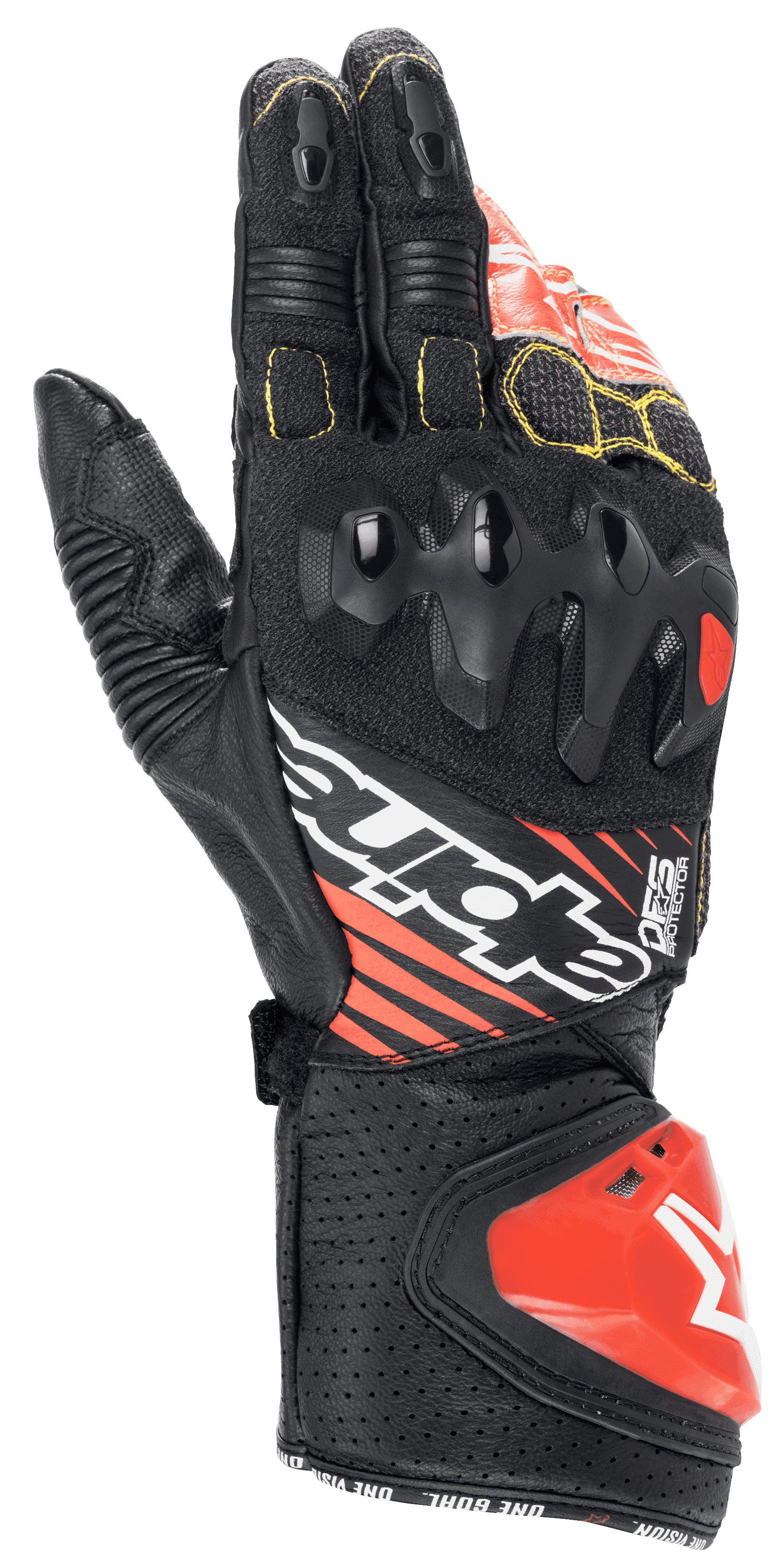 Alpinestars GP Tech V2-handskar, motorcykelracinghandskar, svart, vit och röd fluo, med knogskydd med dubbel densitet, perforerat läder med gula sömmar, röd DFS-manschettglidare, professionell racingdesign
