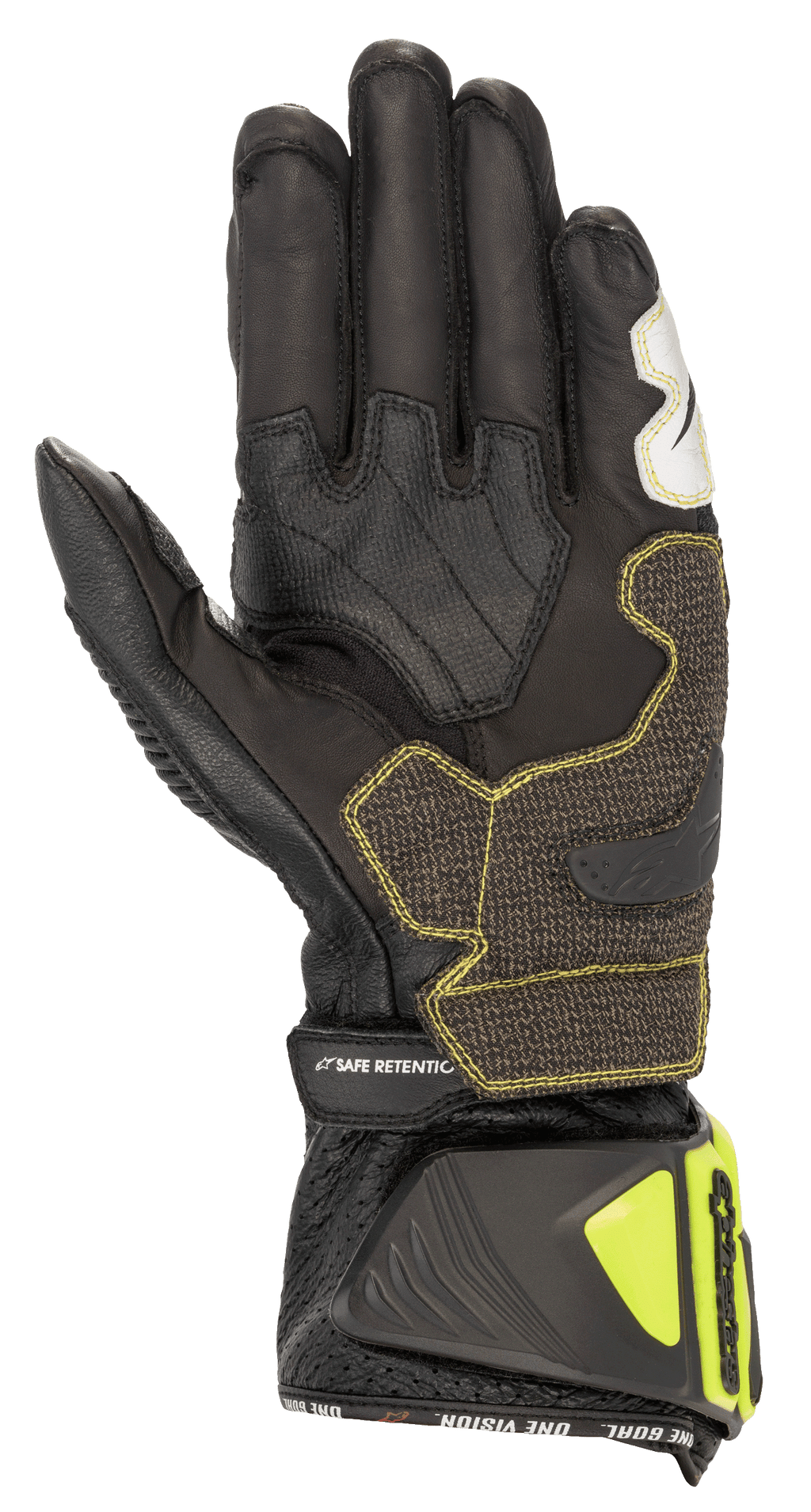 Alpinestars GP Tech V2-handskar, svarta och neongula, vy från handflatan som visar konstruktion i känguruläder, förstärkta grepp-paneler med gula sömmar, ergonomisk manschett med neongula skydd och 'SAFE RETENTION'-rem, professionell racingutrustning för motorcykel