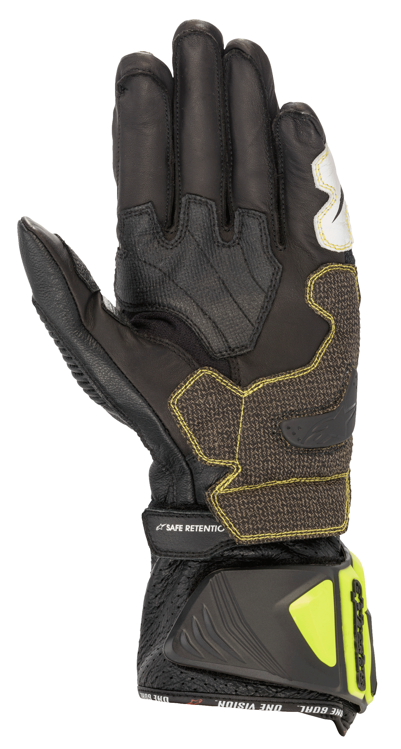 Alpinestars GP Tech V2-handskar, svarta och neongula, vy från handflatan som visar konstruktion i känguruläder, förstärkta grepp-paneler med gula sömmar, ergonomisk manschett med neongula skydd och 'SAFE RETENTION'-rem, professionell racingutrustning för motorcykel