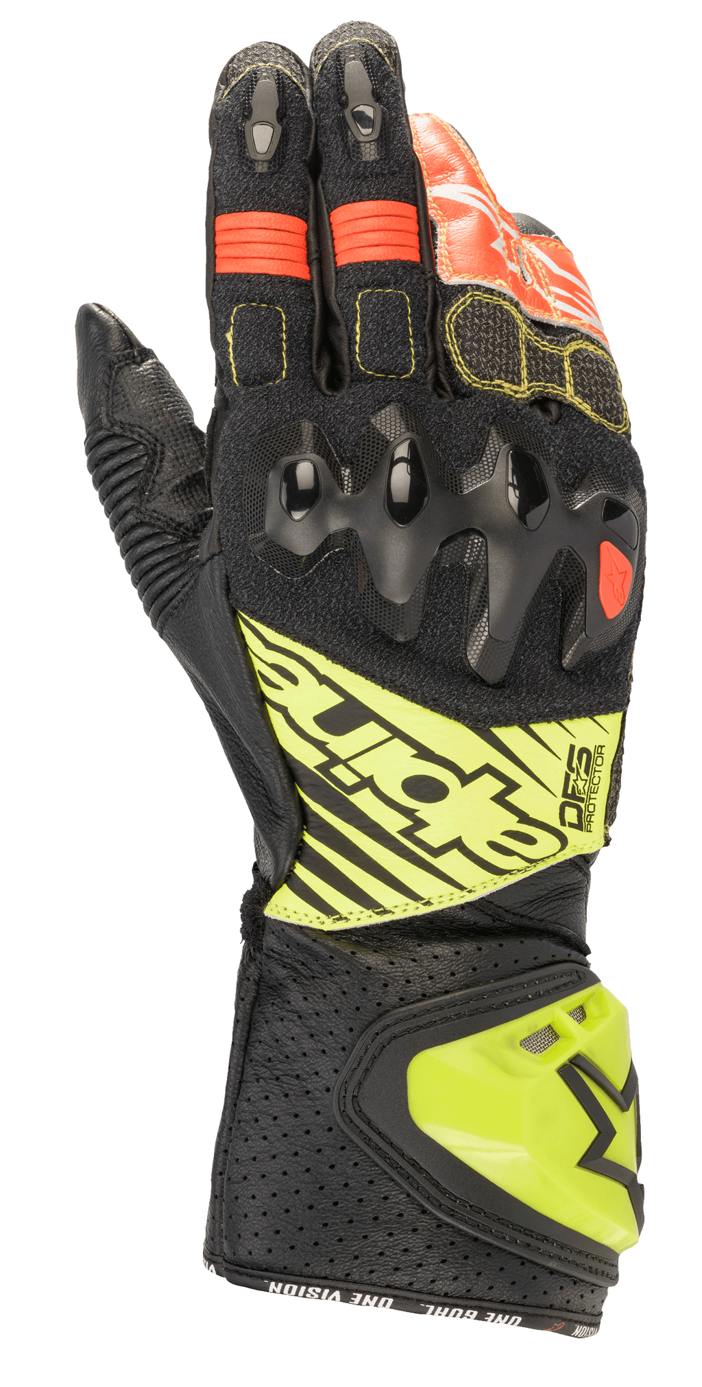 Alpinestars GP Tech V2 handskar, motorcykelracinghandskar, svarta med detaljer i gul fluo och rött, med hårt knogskydd, perforerad lädermanschett med DFS-logotyp och dragspelspaneler för optimal flexibilitet.