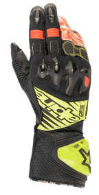 Alpinestars GP Tech V2 handskar, motorcykelracinghandskar, svarta med detaljer i gul fluo och rött, med hårt knogskydd, perforerad lädermanschett med DFS-logotyp och dragspelspaneler för optimal flexibilitet.