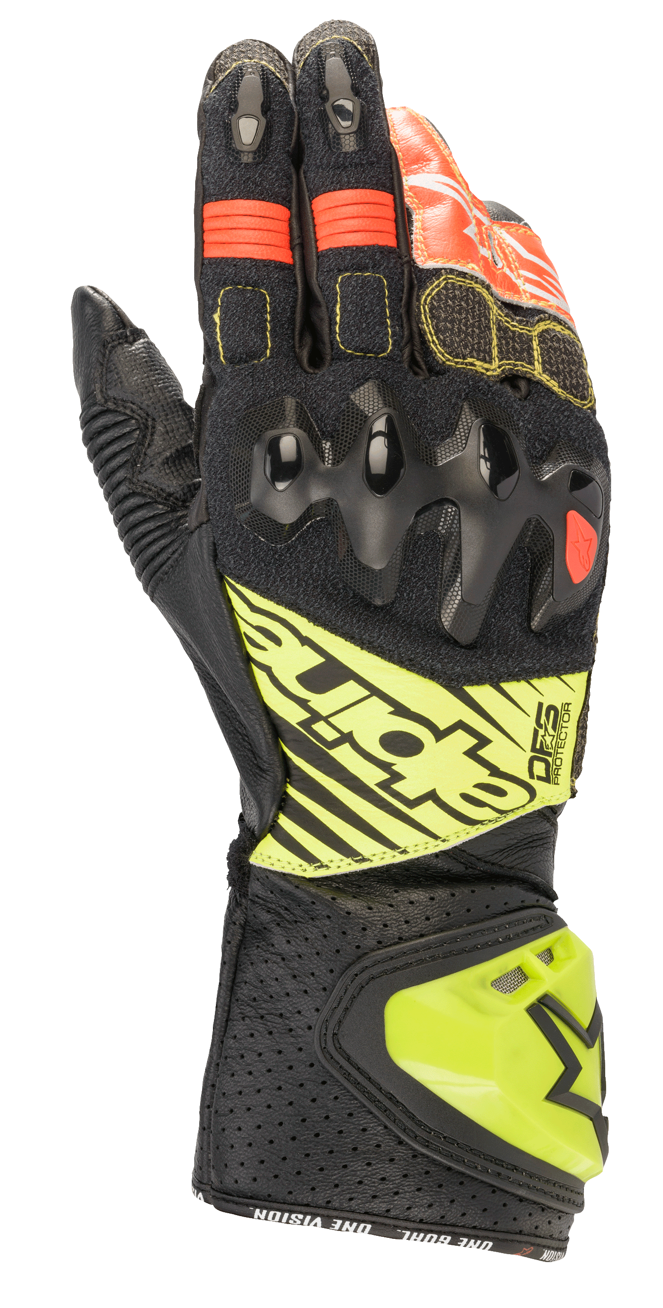 Alpinestars GP Tech V2 handskar, motorcykelracinghandskar, svarta med detaljer i gul fluo och rött, med hårt knogskydd, perforerad lädermanschett med DFS-logotyp och dragspelspaneler för optimal flexibilitet.