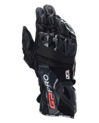 Alpinestars GP Pro R4 Gloves, Black Motorcycle Racing Gauntlet Gloves, featuring DFS knuckle and cuff protectors, premium leather construction with red and white branding, high-performance trackday protection