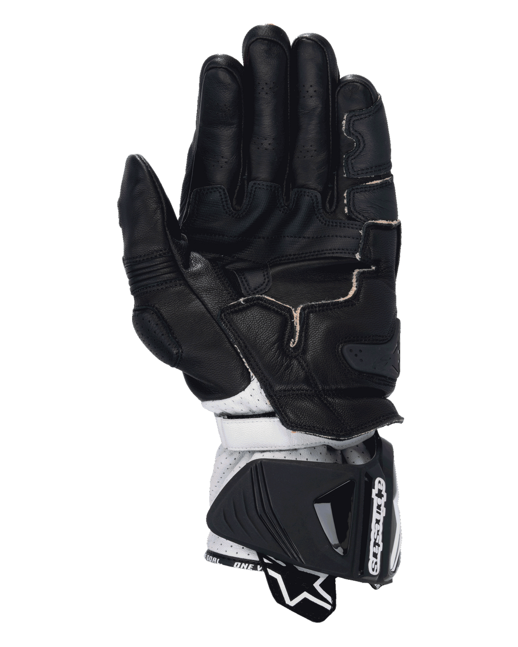 Alpinestars GP Pro R4 Gloves, Racing Motorcycle Gloves, Black Red Fluo White, palm view featuring black leather construction with perforated fingers, grip reinforcements, and white leather wrist section with a large protective gauntlet cuff.