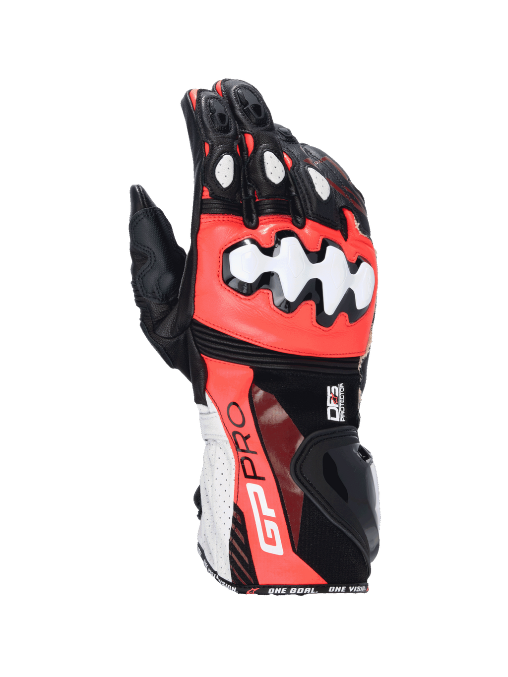 Alpinestars GP Pro R4 handskar, motorcykelracinghandskar i svart, röd fluo och vitt läder med DFS-knogskydd.