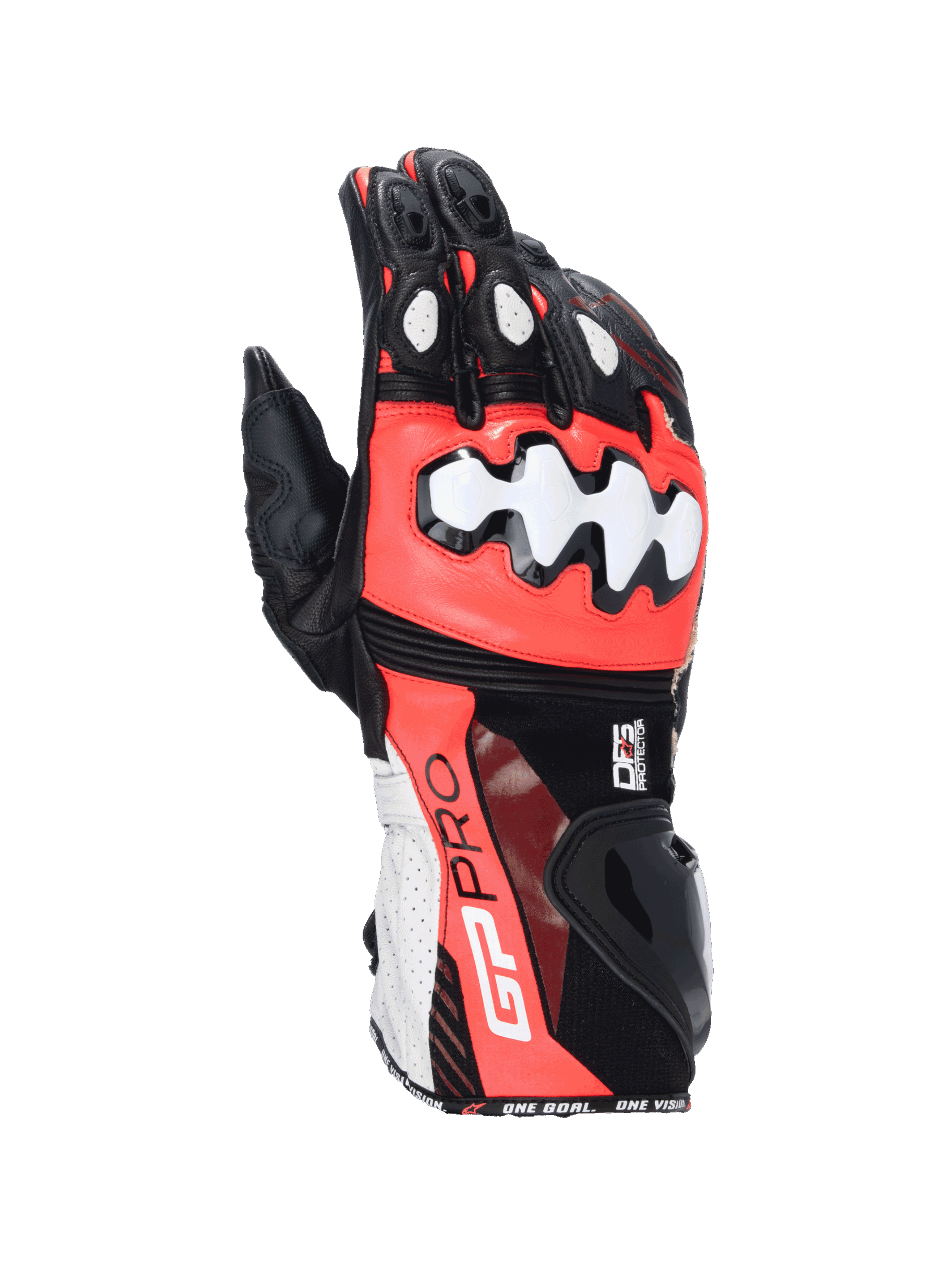 Alpinestars GP Pro R4 handskar, motorcykelracinghandskar i svart, röd fluo och vitt läder med DFS-knogskydd.