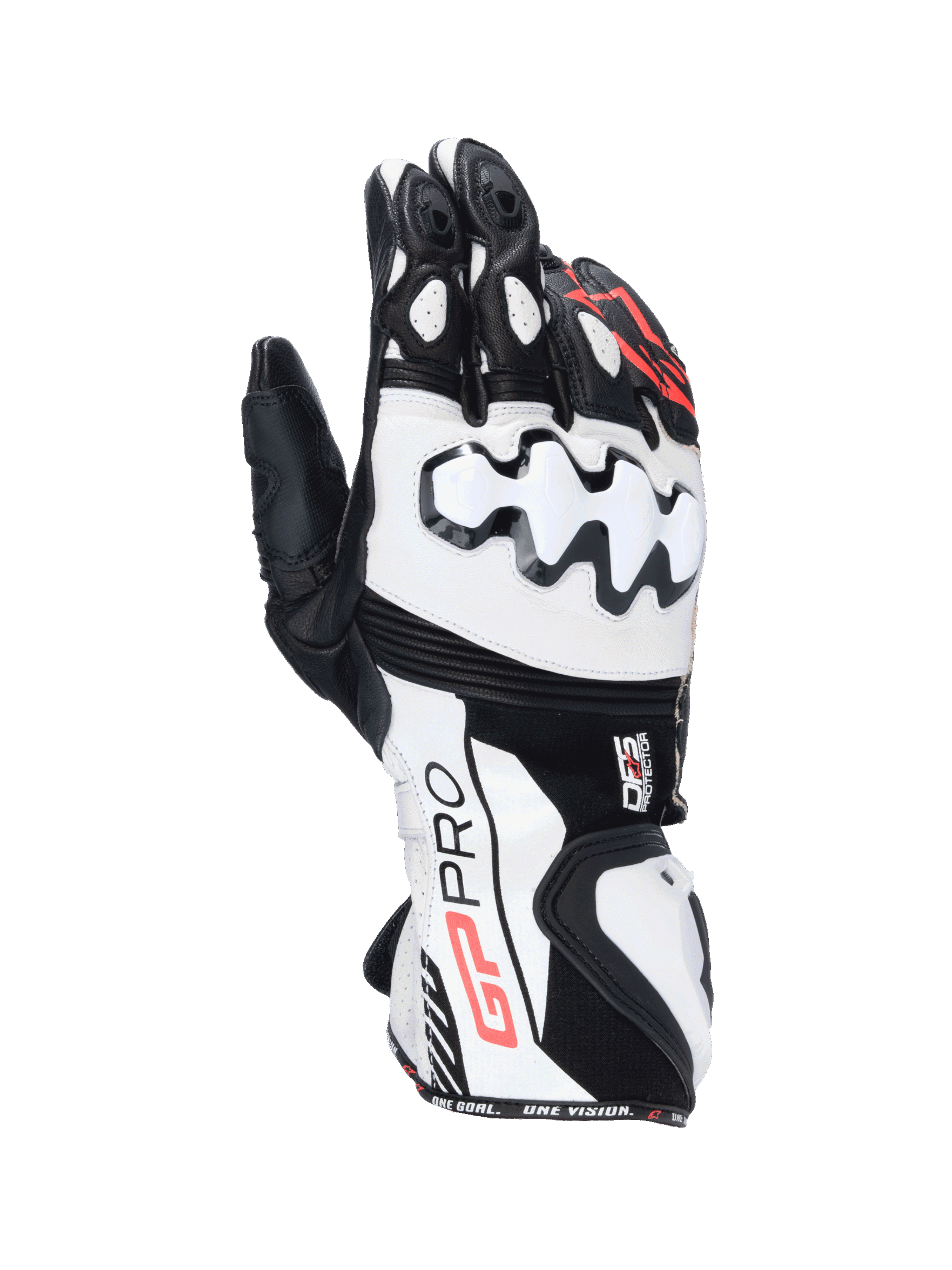 Alpinestars GP Pro R4 handskar, motorcykelhandskar för racing i svart och vitt läder med DFS-knogskydd och lång manschett.