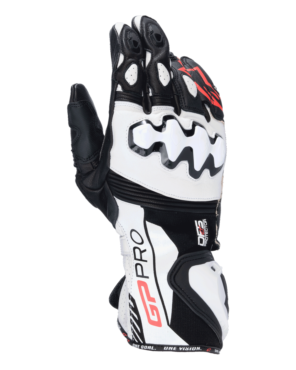 Alpinestars GP Pro R4 handskar, motorcykelracinghandskar med lång manschett, svarta, vita och röda, vita DFS-knogskydd, premium läderkonstruktion och högpresterande racingdesign