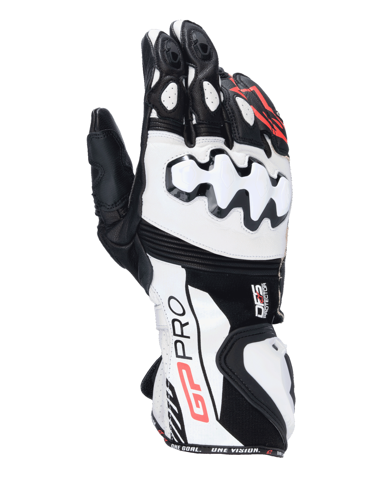 Alpinestars GP Pro R4 handskar, motorcykelracinghandskar med lång manschett, svarta, vita och röda, vita DFS-knogskydd, premium läderkonstruktion och högpresterande racingdesign