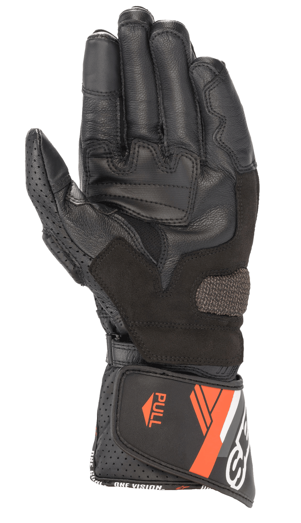 Alpinestars SP-8 V3 Leather Glove, Motorcycle Riding Glove, Black and Red Fluo, palm view showing reinforced grip panels, perforated leather thumb, and adjustable cuff with orange accents and "ONE GOAL ONE VISION" branding