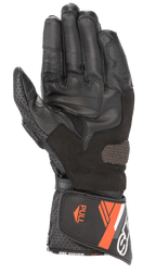 Alpinestars SP-8 V3 Leather Glove, Motorcycle Riding Glove, Black and Red Fluo, palm view showing reinforced grip panels, perforated leather thumb, and adjustable cuff with orange accents and "ONE GOAL ONE VISION" branding