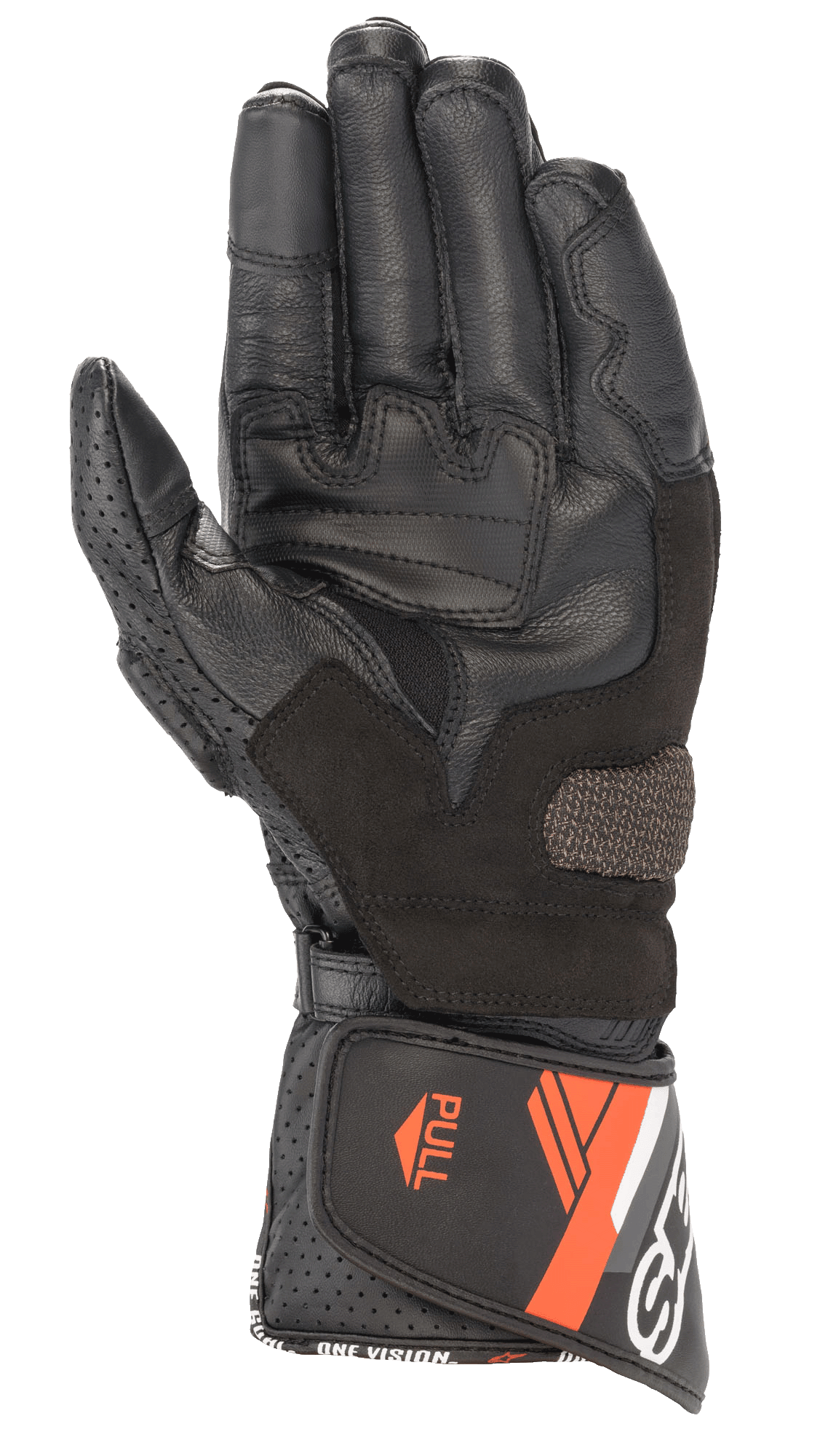 Alpinestars SP-8 V3 Leather Glove, Motorcycle Riding Glove, Black and Red Fluo, palm view showing reinforced grip panels, perforated leather thumb, and adjustable cuff with orange accents and "ONE GOAL ONE VISION" branding