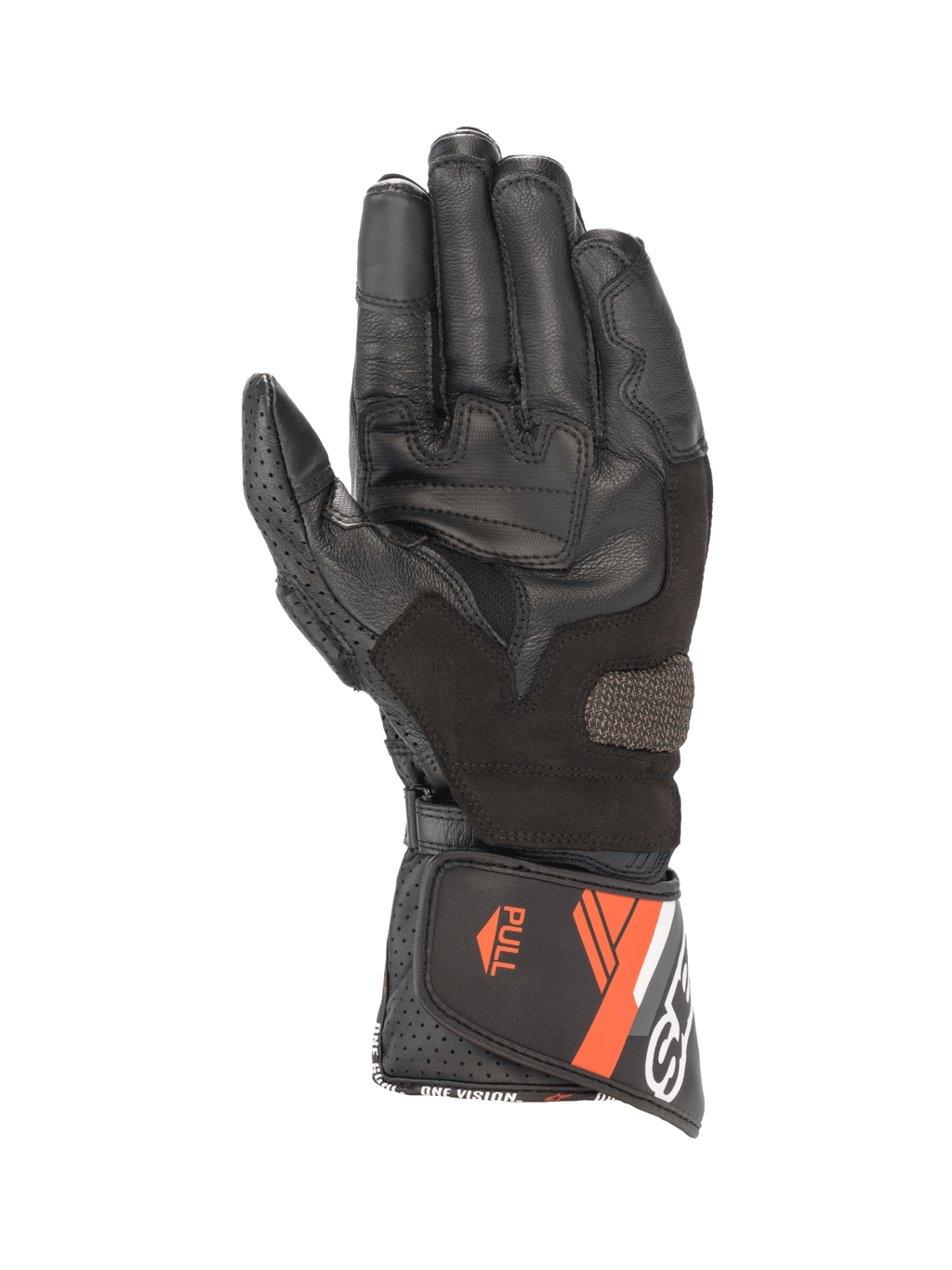 Alpinestars SP-8 V3 handskar, motorcykelhandskar för herr i läder, svarta och röd fluo, vy av handflatan med greppinsatser och säker manschettstängning.