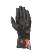 Alpinestars SP-8 V3 handskar, motorcykelhandskar för herr i läder, svarta och röd fluo, vy av handflatan med greppinsatser och säker manschettstängning.
