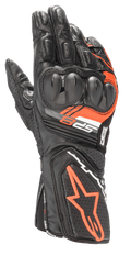 Alpinestars SP-8 V3 Gloves, Leather Motorcycle Racing Gloves, Black and Red Fluo, featuring reinforced dual-density knuckle protection, perforated leather panels, and SP-8 branding, sport performance design