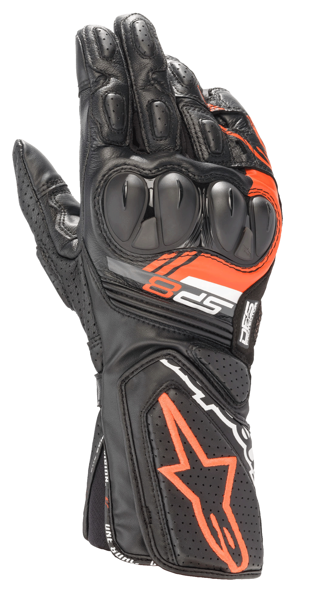 Alpinestars SP-8 V3 Gloves, Leather Motorcycle Racing Gloves, Black and Red Fluo, featuring reinforced dual-density knuckle protection, perforated leather panels, and SP-8 branding, sport performance design