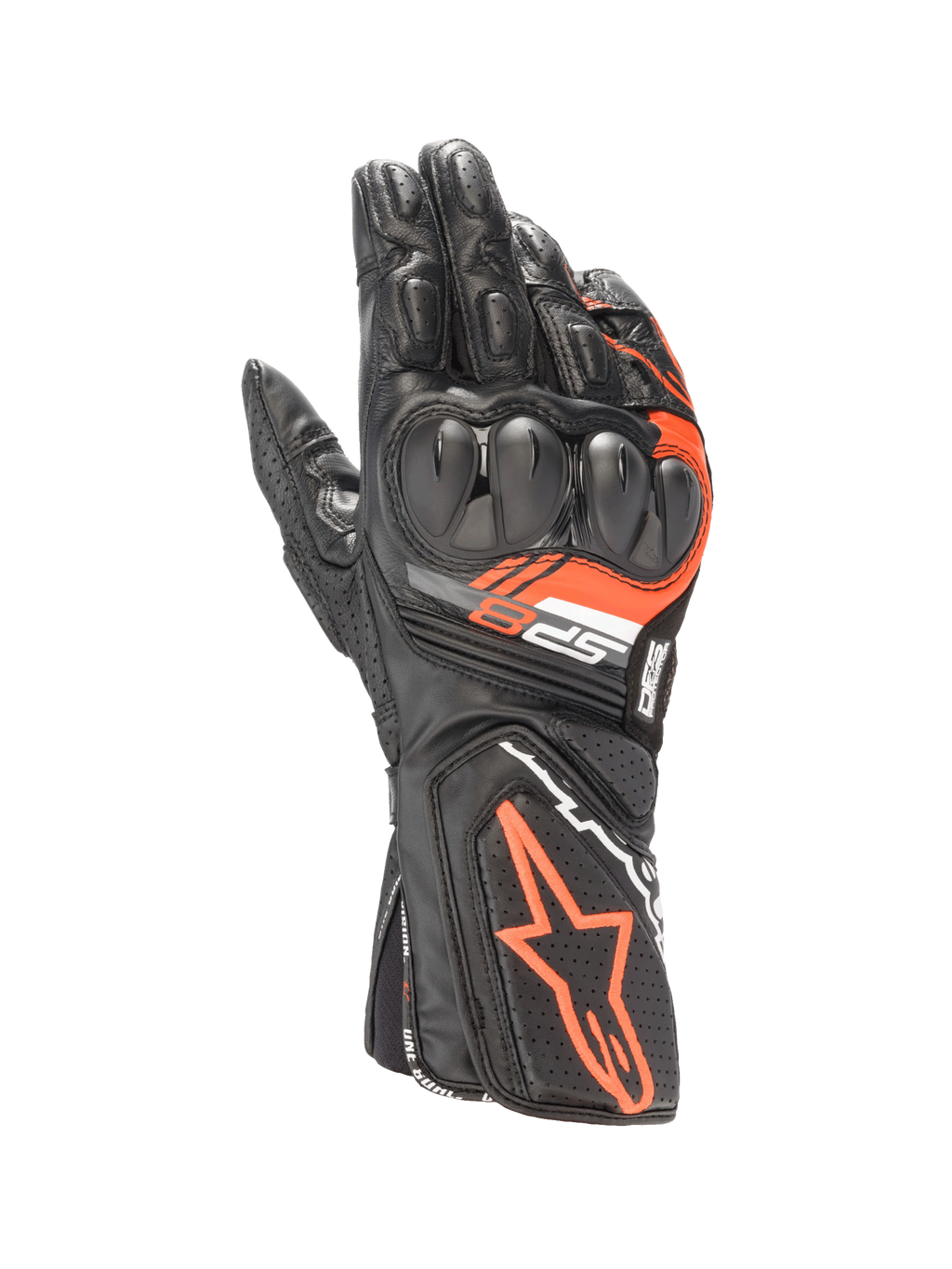 Alpinestars SP-8 V3 läderhandskar, motorcykelracinghandskar, svarta och röd fluo, knogskydd med dubbel densitet