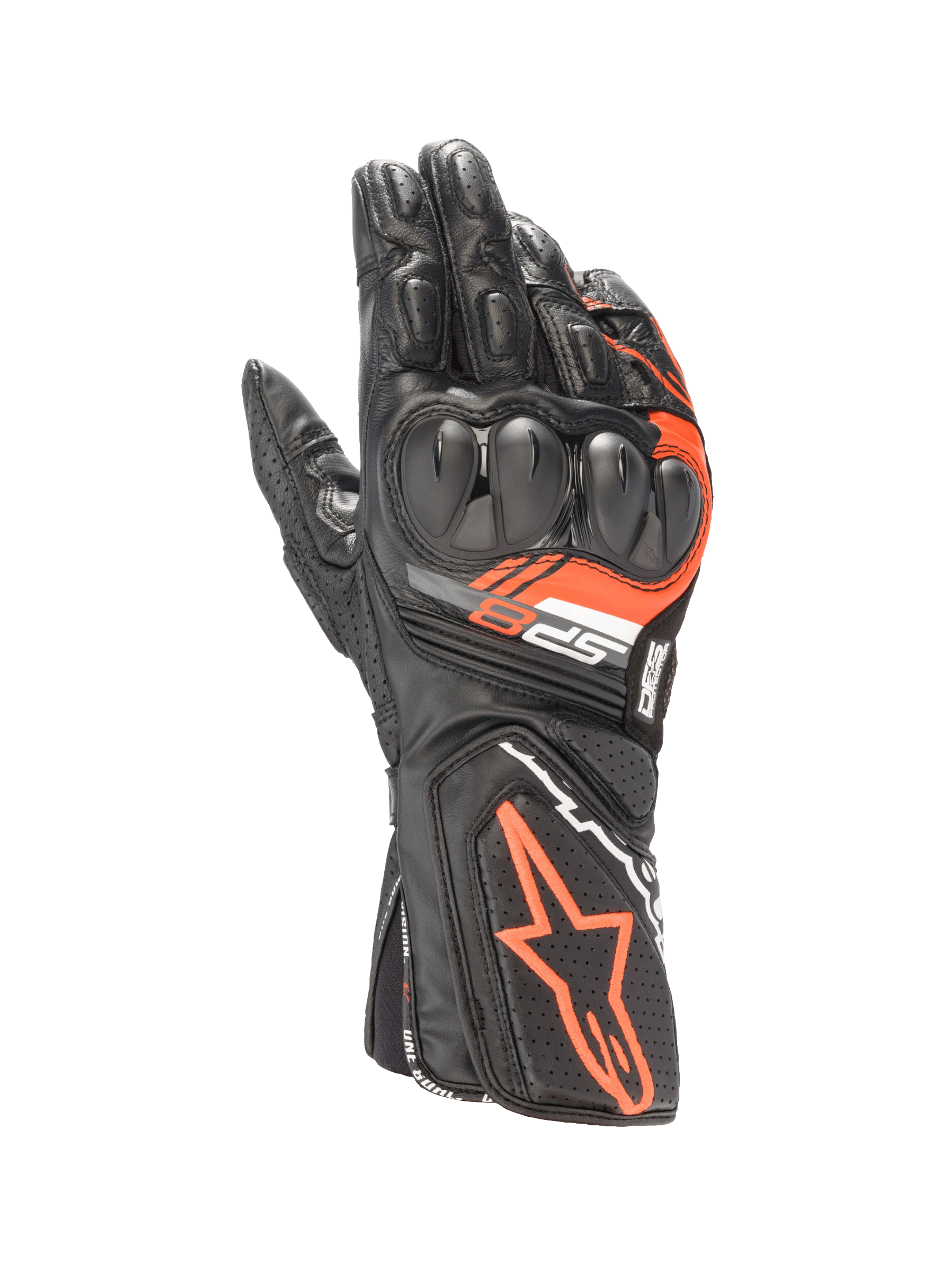 Alpinestars SP-8 V3 läderhandskar, motorcykelracinghandskar, svarta och röd fluo, knogskydd med dubbel densitet