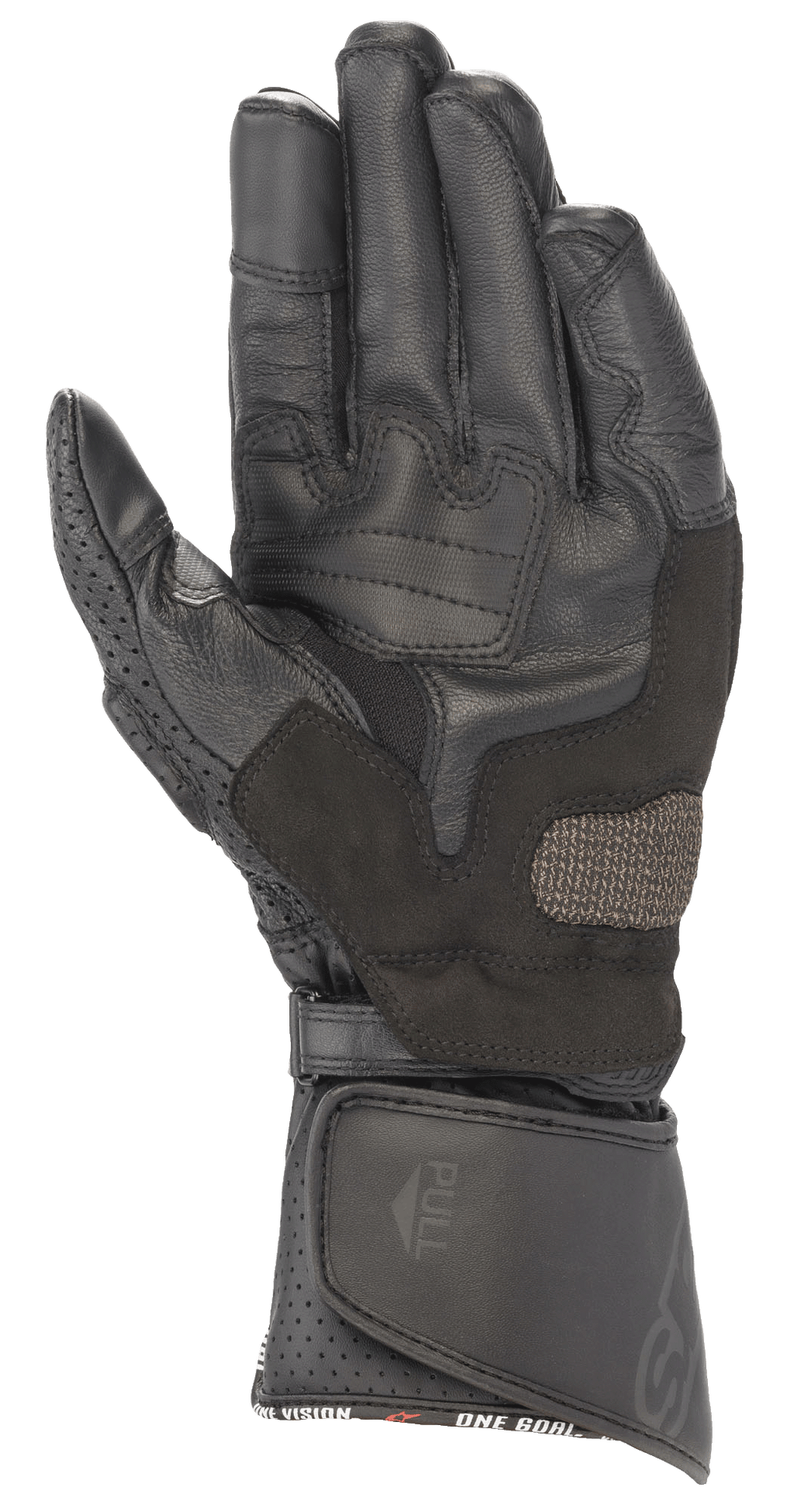 Alpinestars SP-8 V3 läderhandskar, svarta, vy av handflatan som visar förstärkta greppytor, perforerad tumme och justerbar kardborrestängning vid manschetten, högpresterande skydd för motorcykelracing