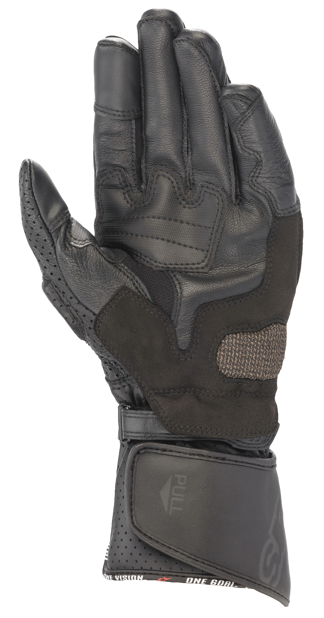 Alpinestars SP-8 V3 läderhandskar, svarta, vy av handflatan som visar förstärkta greppytor, perforerad tumme och justerbar kardborrestängning vid manschetten, högpresterande skydd för motorcykelracing