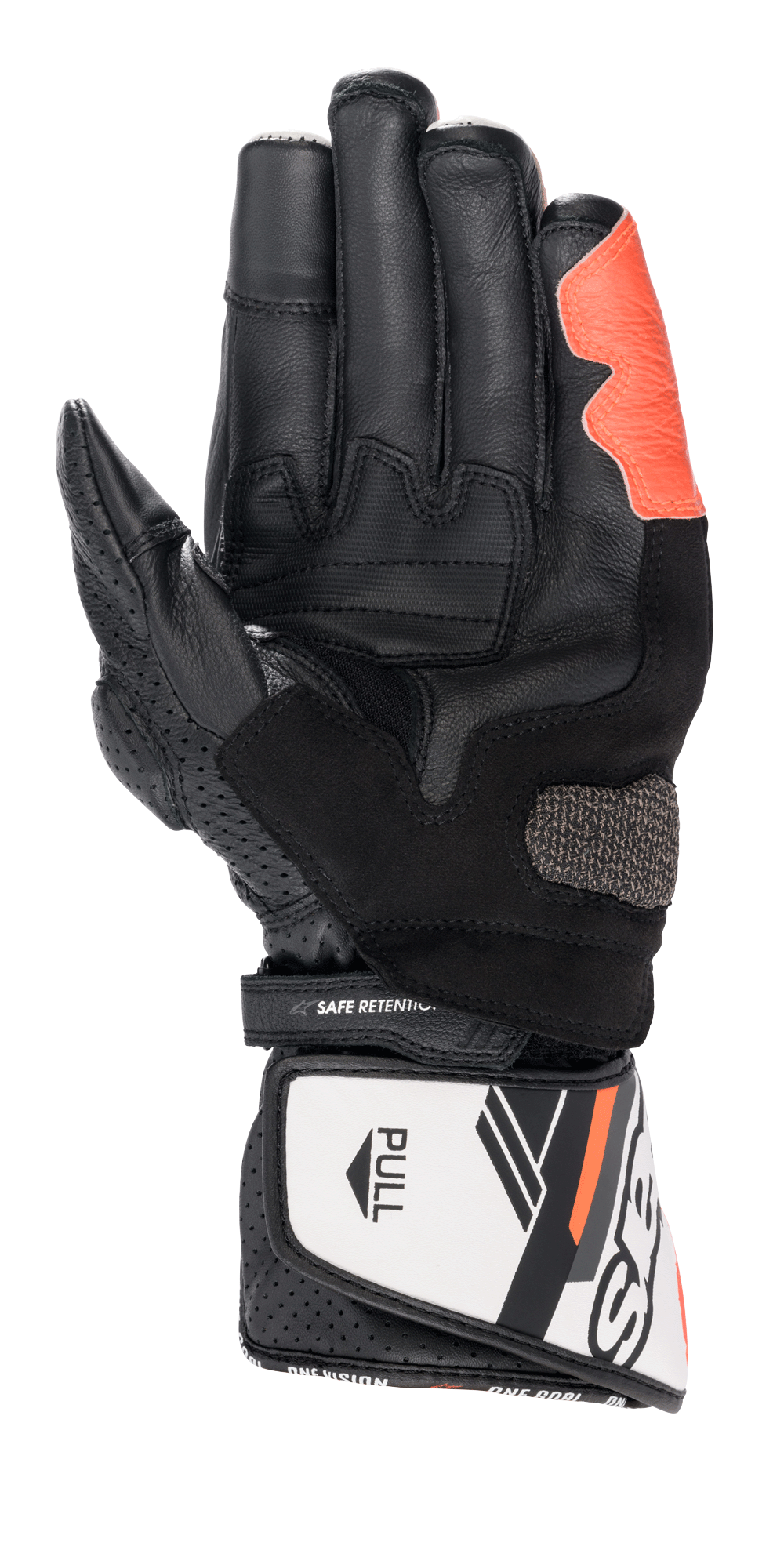 Alpinestars SP-8 V3-handskar, racinghandskar för motorcykel, svart, vit och röd fluo, vy av handflatan som visar texturerade greppinsatser och förstärkt handflata, kardborrestängning vid manschetten med 'SAFE RETENTION'-rem och vit 'PULL'-flik, perforerade läderdetaljer