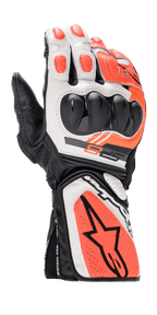 Alpinestars SP-8 V3 Gloves, Motorcycle Racing Gloves, Black White and Red Fluo, featuring hard dual-density knuckle protection, perforated leather panels, long cuff with large Alpinestars star logo, and sleek ergonomic sport design