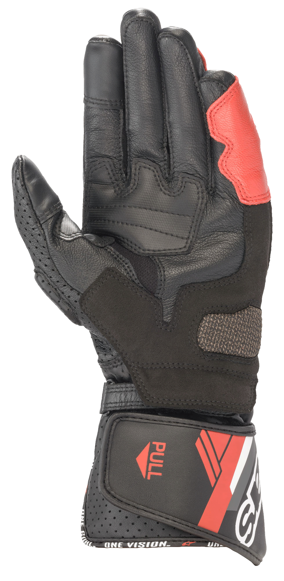 Alpinestars SP-8 V3 Leather Gloves, Black White and Bright Red, palm view showing reinforced leather construction, padded grip inserts, and a long cuff with hook and loop closure and 'ONE VISION' branding