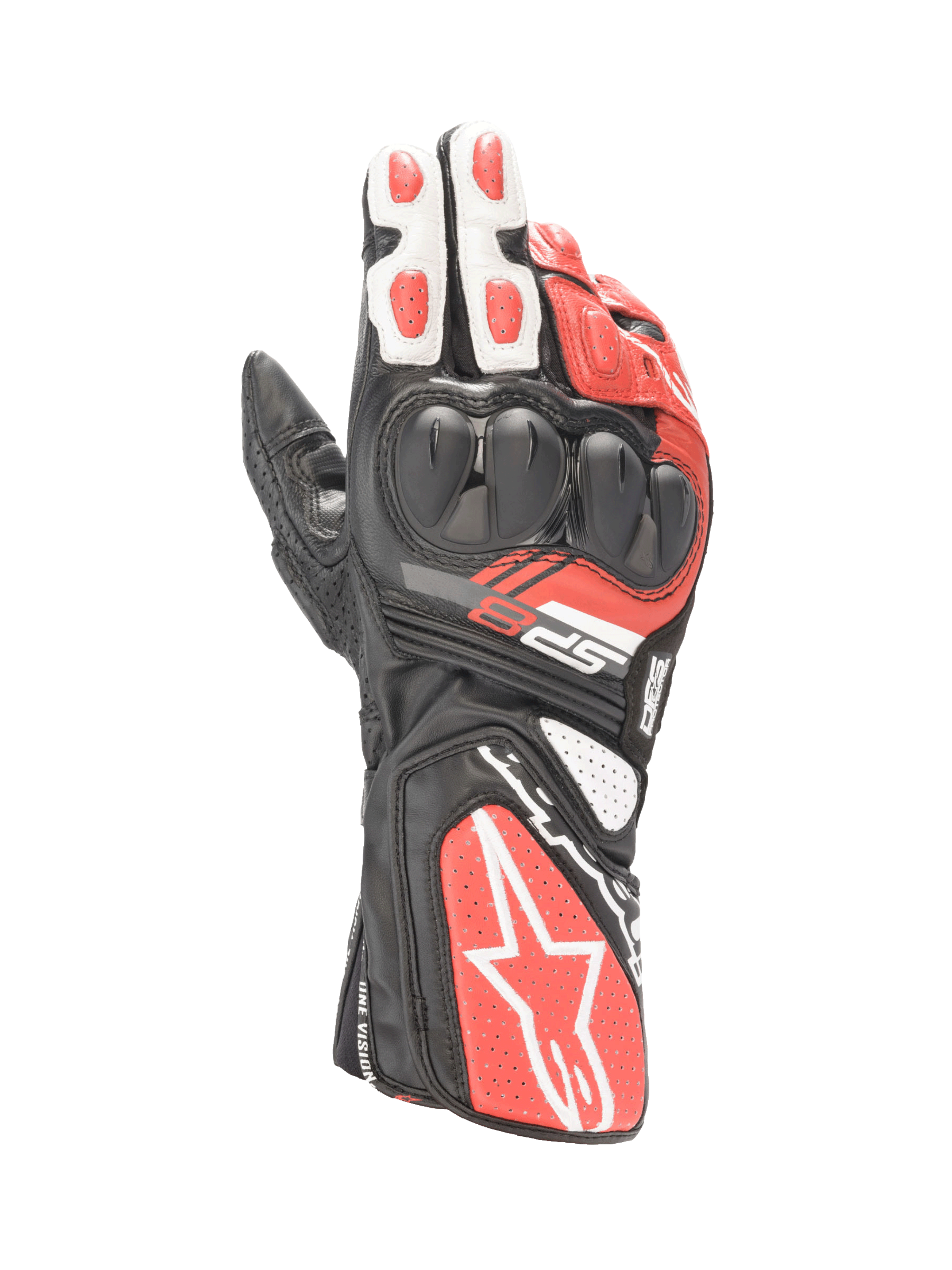 Alpinestars SP-8 V3 handskar, motorcykelracinghandskar för herr, svarta, vita och ljusröda, i läder med knogskydd med dubbel densitet och perforerade paneler.