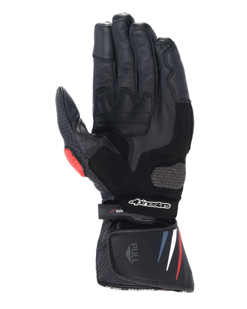 Alpinestars Honda SP-8 V3-handskar, motorcykelhandskar, svarta med röda och blå detaljer, vy av handflatan som visar konstruktion i fullnarvigt läder, förstärkt handflateglidare, perforerade detaljer och förlängd manschett med Alpinestars-logotyp.