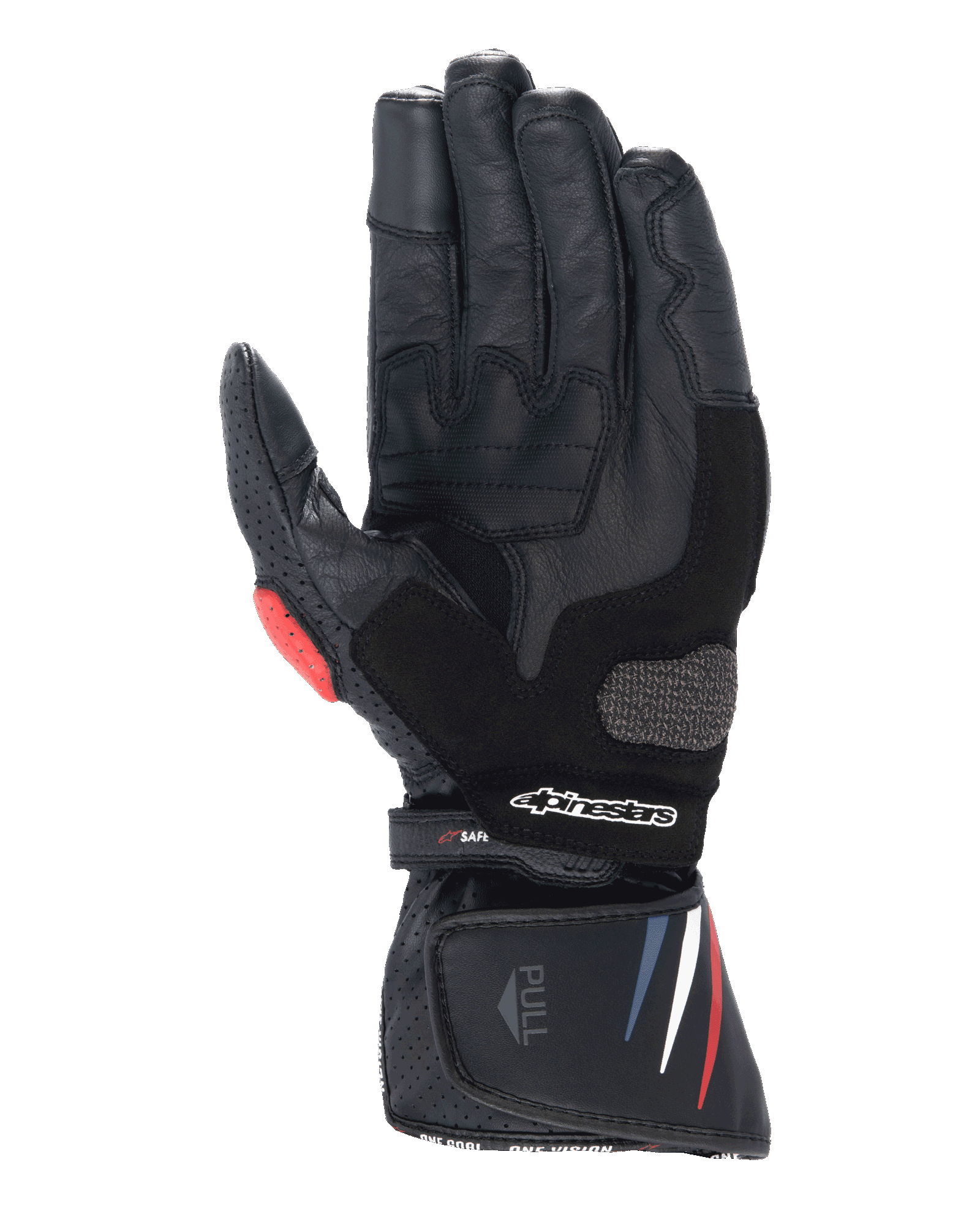 Alpinestars Honda SP-8 V3-handskar, motorcykelhandskar, svarta med röda och blå detaljer, vy av handflatan som visar konstruktion i fullnarvigt läder, förstärkt handflateglidare, perforerade detaljer och förlängd manschett med Alpinestars-logotyp.