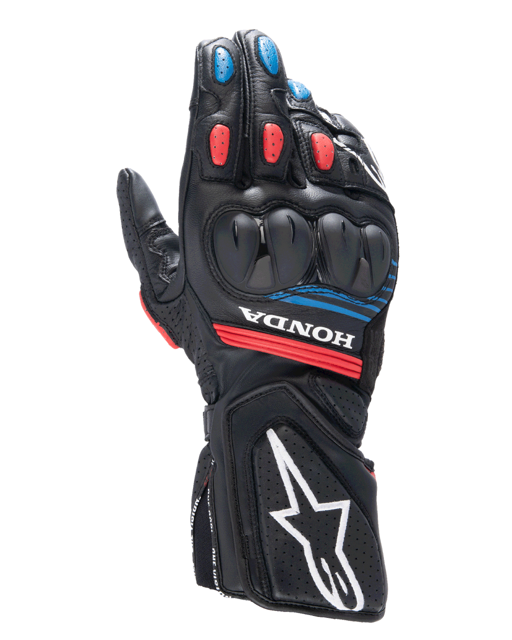 Alpinestars Honda SP-8 V3-handskar, motorcykelracinghandskar, svarta med starkt röda och blå detaljer, med hårt knogskydd i dubbel densitet, perforerat läder, Honda-logotyp på handleden och en stor vit Alpinestars-logotyp på manschetten.