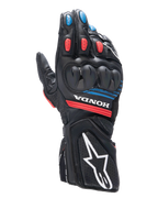 Alpinestars Honda SP-8 V3-handskar, motorcykelracinghandskar, svarta med starkt röda och blå detaljer, med hårt knogskydd i dubbel densitet, perforerat läder, Honda-logotyp på handleden och en stor vit Alpinestars-logotyp på manschetten.