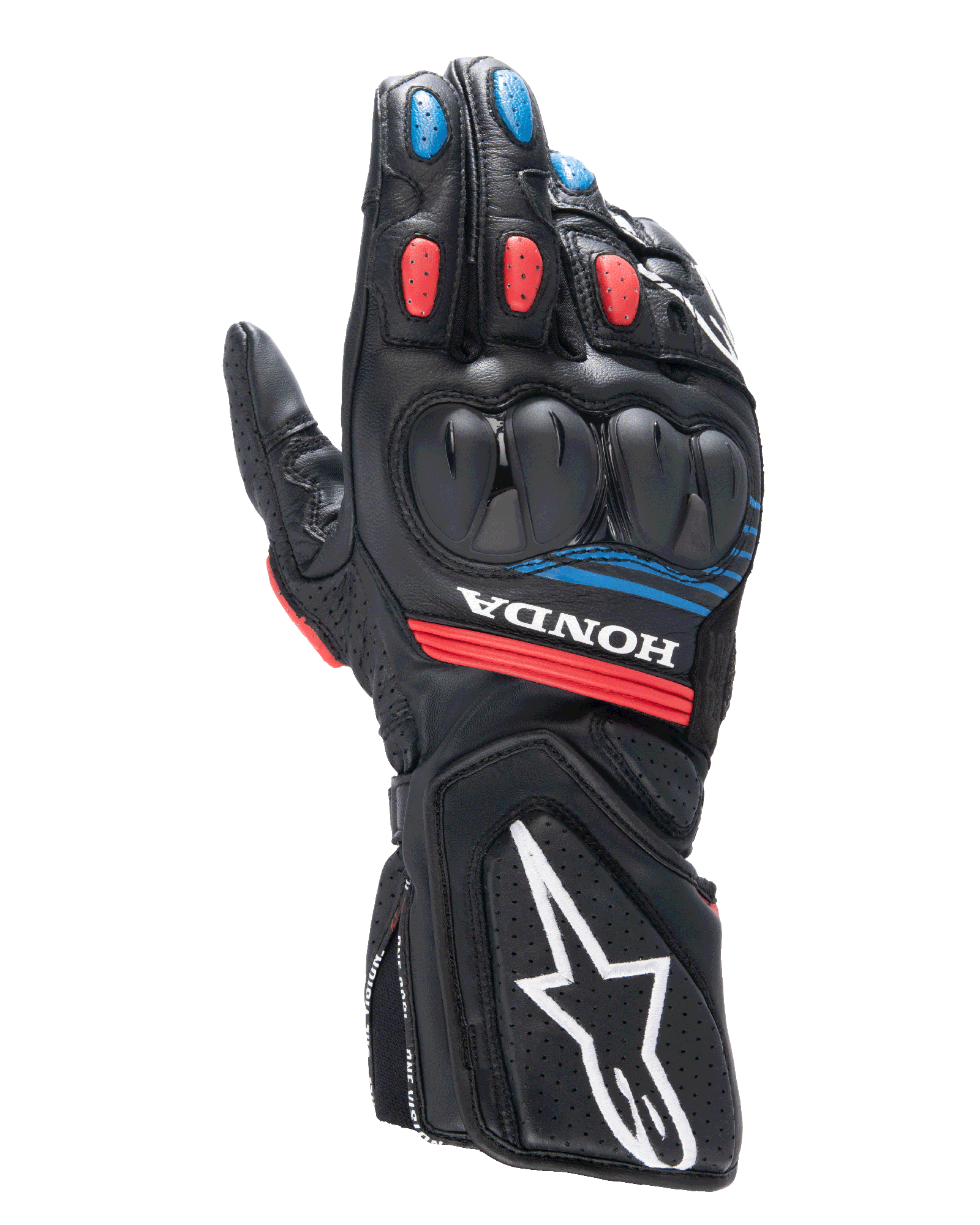 Alpinestars Honda SP-8 V3-handskar, motorcykelracinghandskar, svarta med starkt röda och blå detaljer, med hårt knogskydd i dubbel densitet, perforerat läder, Honda-logotyp på handleden och en stor vit Alpinestars-logotyp på manschetten.