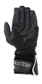 Alpinestars SP-8 V3 Air Gloves, Motorcycle Gloves, Black with White and Red accents, palm view featuring perforated leather, reinforced grip areas, and a 3D mesh cuff with a large Alpinestars logo on the hook-and-loop strap