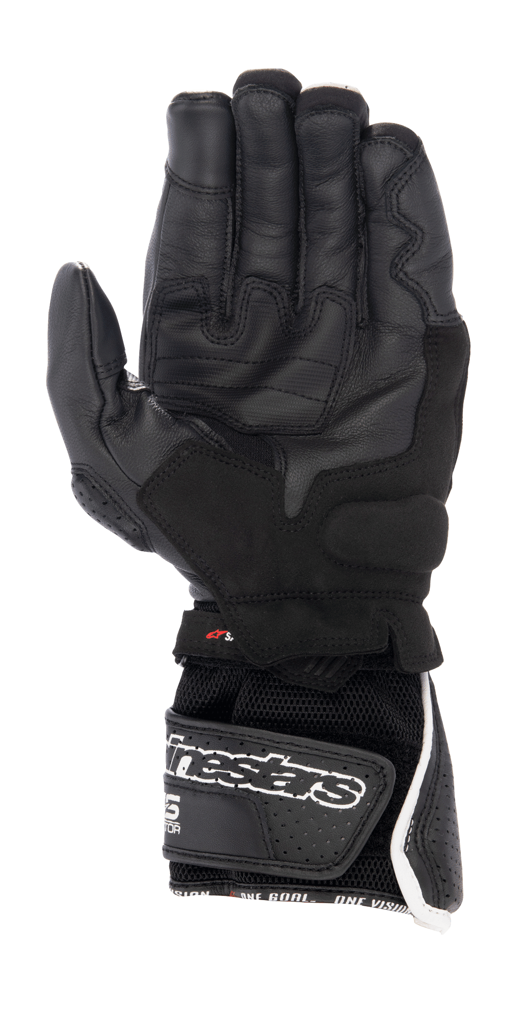 Alpinestars SP-8 V3 Air Gloves, Motorcycle Gloves, Black with White and Red accents, palm view featuring perforated leather, reinforced grip areas, and a 3D mesh cuff with a large Alpinestars logo on the hook-and-loop strap